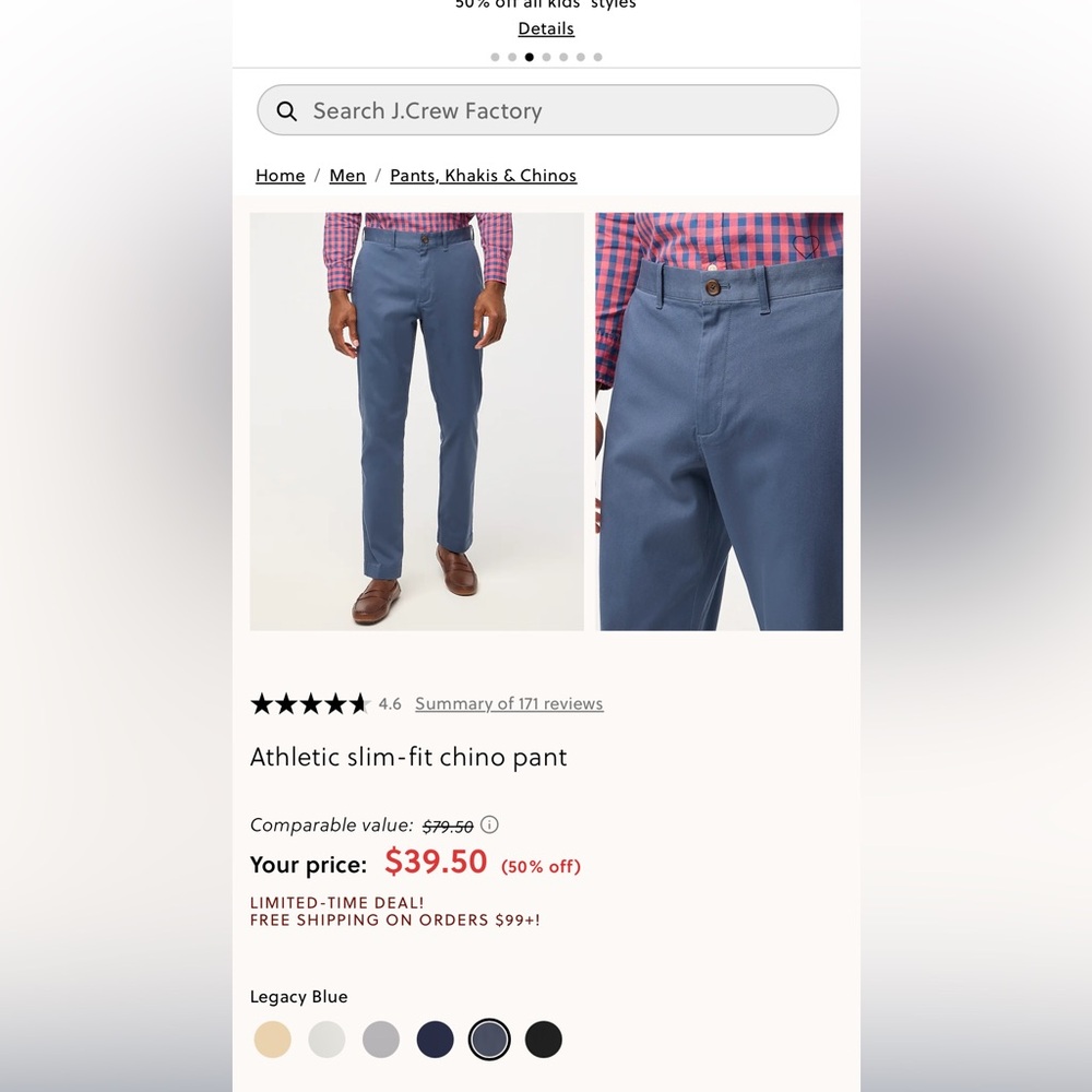 J. Crew Men's Slim-Fit Chino Pants - Blue